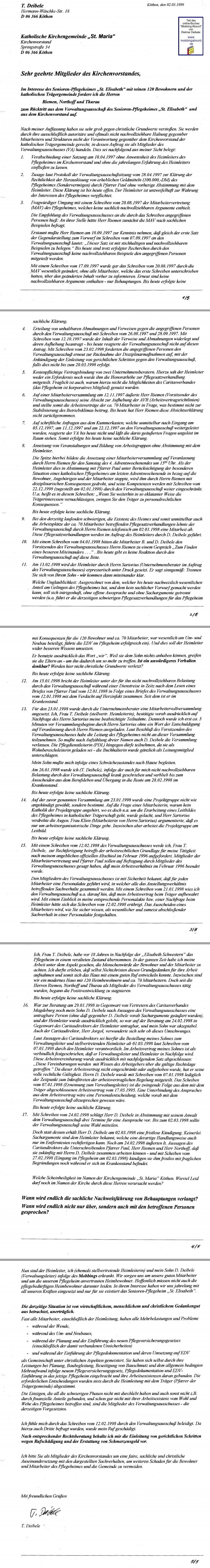 02.03.1998 Anrufung der Mitglieder des Kirchenvorstandes durch Frau Traute Deibele, Kirche, Mobbing